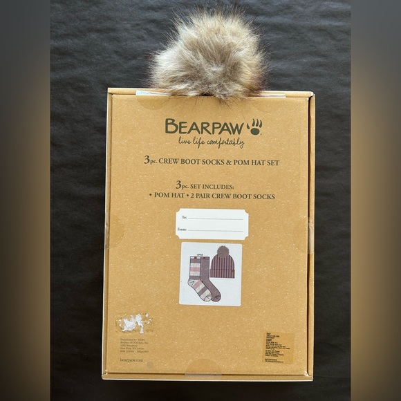BearPaw 3pc. Pink and Brown Crew Boot Socks & Pom Hat Set NWT - Picture 2 of 2